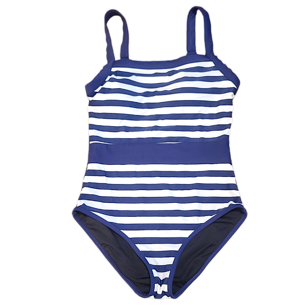 Relleciga One Piece Navy Blue and White Stripes Women's SwimSuit Size Small